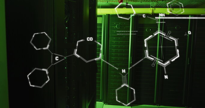 Image of molecule structures and computer language over illuminated server room