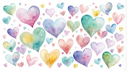 Whimsical hand-painted watercolor hearts in pastel hues dance across a pristine white background evoking romantic sentiments and tender emotions.