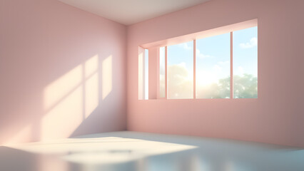 Fototapeta premium A room with a pink wall and a window with trees outside