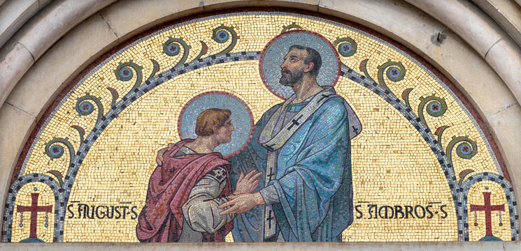 MILAN, ITALY - MARCH 4, 2024: The mosaic of Conversion of St. Augustine on the church Chiesa di San Agostino designed by Ludovico Pogliaghi from 20. cent.