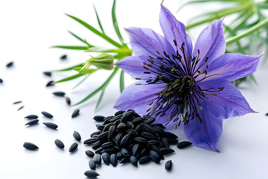 Macro shot of black cumin seeds scattered around vibrant purple Nigella sativa flower, delicate petals and green stem, on a clean white background, showcasing texture and details.