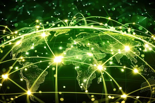 Global network connection with glowing lines and dots.