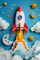 Paper Cutout Rocket and Moon