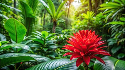 Vibrant red flower surrounded by lush green foliage in a tropical jungle, red, flower, tropical, jungle, vibrant, lush, green