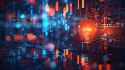 Light bulb and stock market graph background with blue glowing light