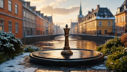 Fototapeta premium Golden Chess King on a Snowy Bridge.