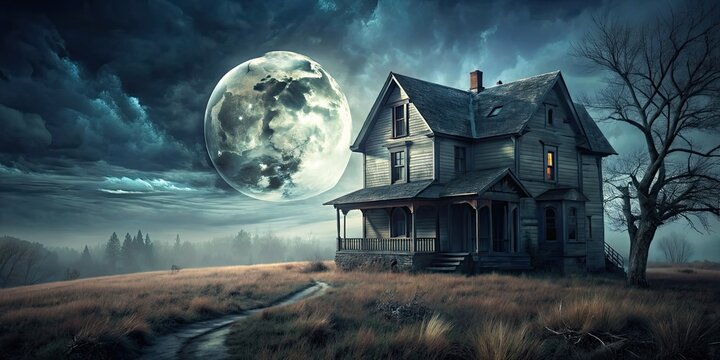 Spooky desolate house under a full moon night with eerie ambiance and ghostly shadows in a dark landscape