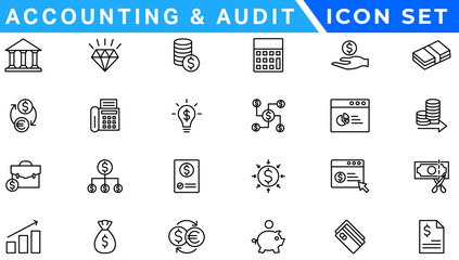 Accounting icon set. Containing financial statement, accountant, financial audit, invoice, tax calculator, business firm, tax return, income and balance sheet icons. Solid icon collection.