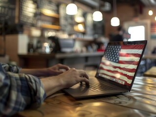 26 Man using laptop with American flag skin, coffee shop, natural light, medium shot, productive and stylish
