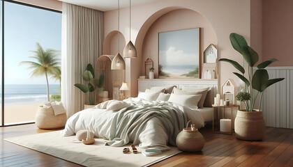 Home mockup, simple cozy Coastal bedroom interior background, 3d render