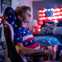 33 Teen boy using stars and stripes gaming chair, playing video games, bedroom, bright lighting, medium shot, energetic and stylish