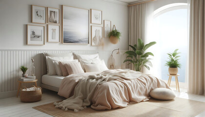 Home mockup, simple cozy Coastal bedroom interior background, 3d render