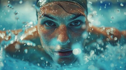 Fototapeta premium Swimmer's head emerging from water with swimming goggles