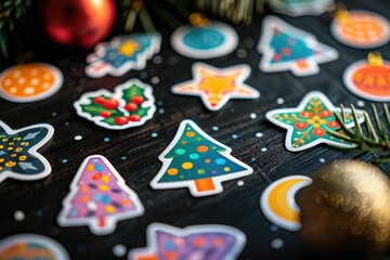 Fototapeta premium Colorful Christmas-themed stickers on a dark background