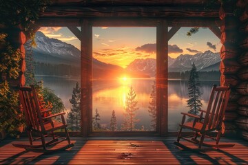 Breathtaking sunset view from a wooden lakeside cabin, featuring two rocking chairs facing the calm water