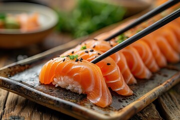 Close-up of delicious fresh salmon sushi being picked up with chopsticks, showcasing vibrant colors and a wooden background.