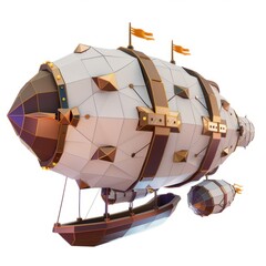 Naklejka premium 3D Render, Low Poly style of a fantasy zeppelin, on isolated white background, Generative AI