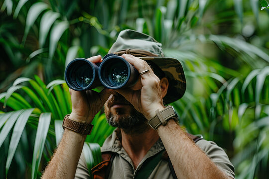 Expert explorer in the jungle looking through binoculars