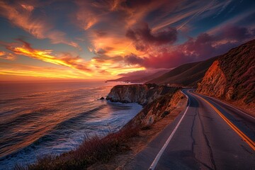 A scenic drive along the Pacific Coast Highway in California, with ocean views, rugged cliffs, and a sunset sky
