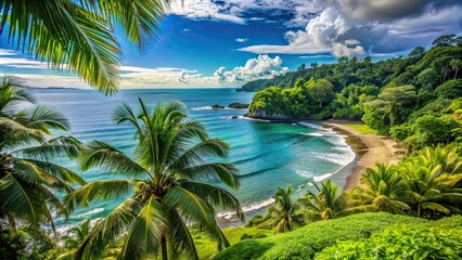 Obraz premium Tropical paradise in Costa Rica with lush green landscape overlooking the sparkling ocean , Costa Rica, island, tropical