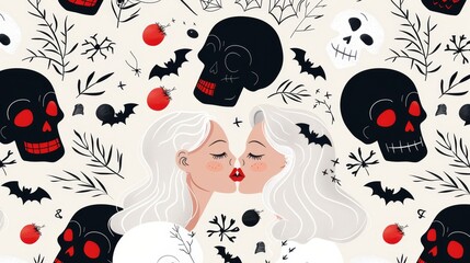 Playful Halloween pattern with a couple sharing a kiss, surrounded by stylized spooky elements like skulls and spider webs, trendy design