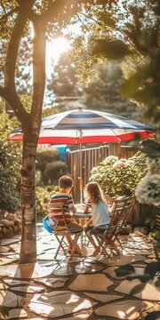 15 Garden patio with stars and stripes umbrella, kids studying outdoors, sunny day, medium shot, cheerful and productive