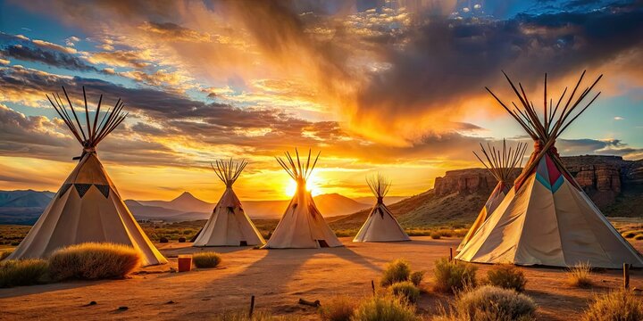 Traditional teepee village of Native American dwellings glowing in the warm light of sunset , teepee, village