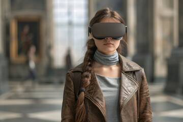 Naklejka premium Virtual Art Gallery: Visitors explore digital artworks in VR museum setting.