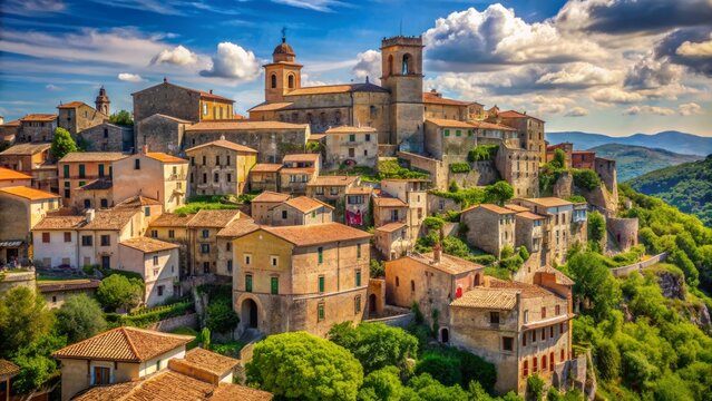Ancient hill town Prizzi scene featuring clustered Mediterranean architecture with rustic stone buildings and terracotta rooftops amidst lush greenery.