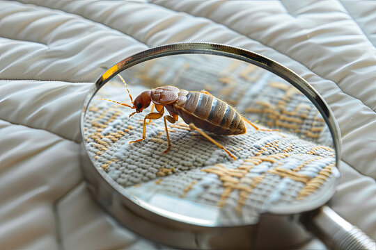 Bed bug on a mattress under a magnifying glass