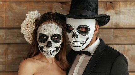 Sweethearts in complementary Halloween costumes, their outfits featuring themed motifs and patterns, highlighting their connection and spooky fun