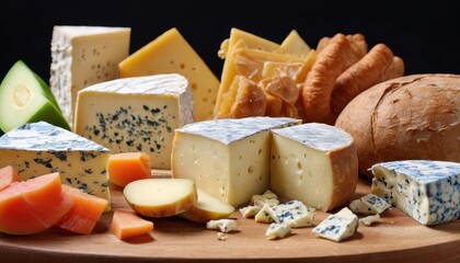 Gourmet Cheese Board with Blue Cheese, Bread, and Fruit.