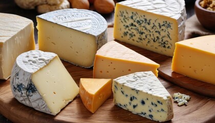 Variety of Cheeses on Wooden Cutting Board.