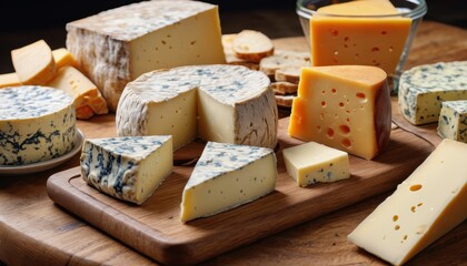 Assortment of Cheeses on a Wooden Board.