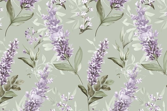 Calm Lavender Blooms, Bohemian and Minimalist Styles, Seamless Pattern with Flowers and Leaves. Hand Drawn Background. Floral Pattern for Tiled and tillable, Wallpaper, wrapping paper design, textile