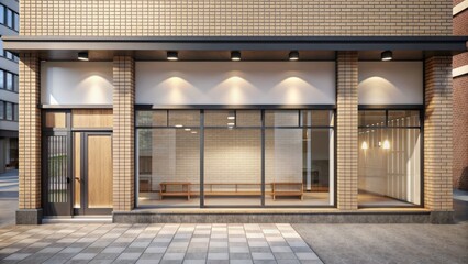 Empty modern storefront with large blank windows awaiting customization, perfect for adding cafe or bakery shop visual elements.