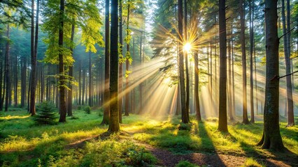 Obraz premium Sunny morning in the forest with rays of light peeking through the trees, nature, sunlight, trees, morning, peaceful, serene