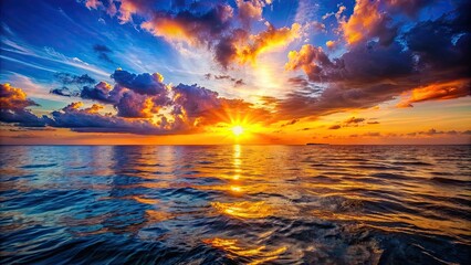 Obraz premium Spectacular view of the sun setting over the ocean with vibrant colors reflecting on the water, sunset, ocean, horizon, sky