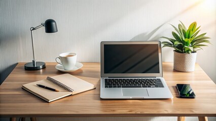 A modern, minimalist desk setup with a laptop, notebook, and pen, surrounded by empty space, conveying a sense of productivity.