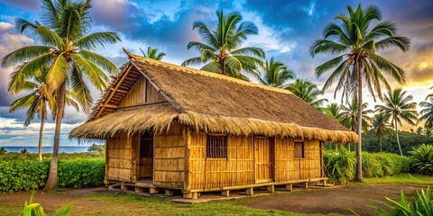 Traditional Hawaiian village home made of bamboo and palm leaves, Hawaii, culture, traditional, village