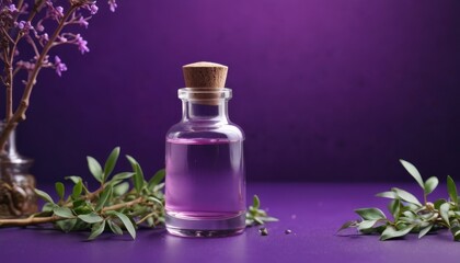 Purple Essential Oil Bottle with Flowers and Leaves.