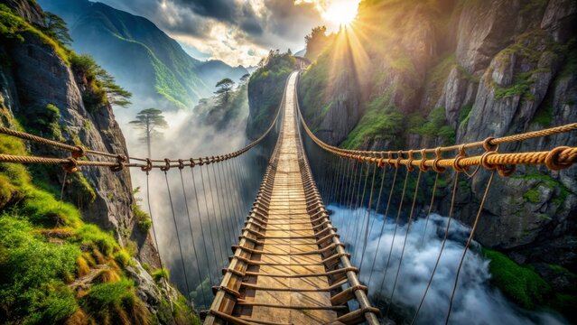 Fototapeta Suspenseful rope bridge stretches precariously over airy chasm, symbolizing perilous journeys and resilient determination in overcoming life's treacherous obstacles.