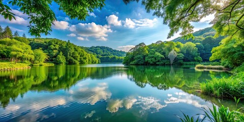 Fototapeta premium Tranquil view of a serene lake surrounded by lush greenery, scenic, water, peaceful, nature, landscape, tranquil, reflection, beauty