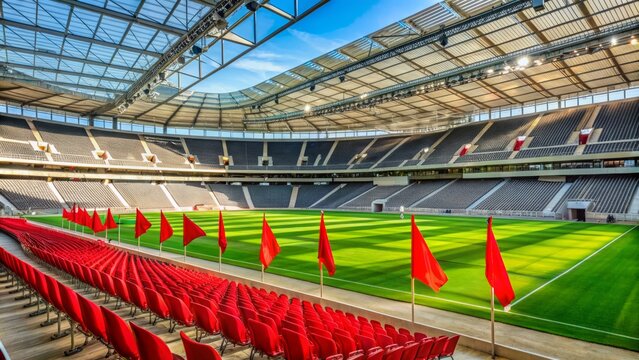 Empty European stadium seats adorned with red devils flags and banners in anticipation of national team's matchday atmosphere.