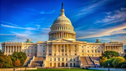 Naklejka premium Majestic neoclassical architecture of iconic government building with dome and columns set against a clear blue sky in Washington DC.
