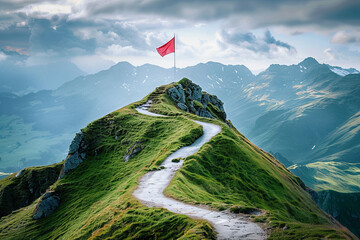A winding road ascending a steep, isolated mountain peak topped with a flag, symbolizing the challenging journey to success