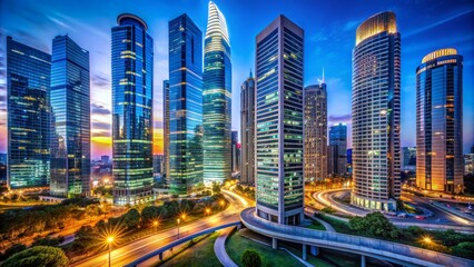 Obraz premium Sleek skyscrapers with neon lights and curved lines dominate the urban landscape against a deep blue evening sky backdrop.