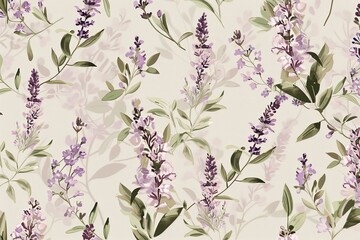 Minimalist Lavender Beauty, Lilac and Sage Green, Seamless Pattern with Flowers and Leaves. Hand Drawn Background. Floral Pattern for Tiled and tillable, Wallpaper, wrapping paper design, textile