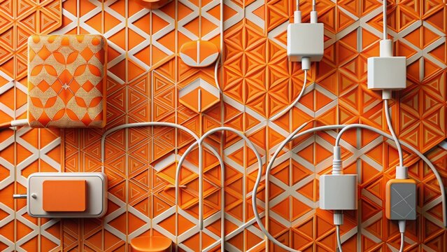 Vibrant orange geometric pattern backdrop showcases assortment of sleek modern chargers for various mobile devices in neatly arranged layout.