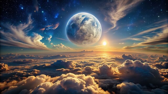Breathtaking high-dynamic-range moonlit night sky with Earth's serene horizon, illuminated clouds, and subtle atmospheric glow, perfect for 3D rendering.